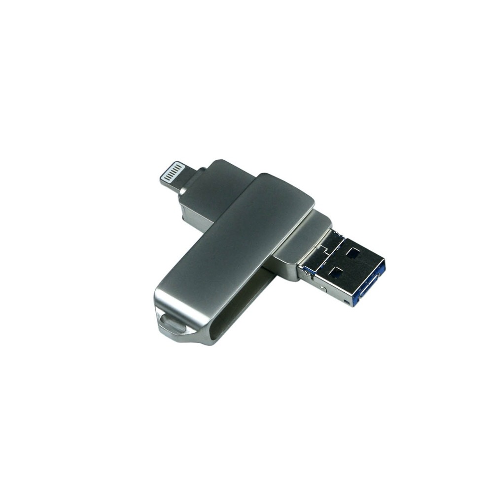 USB-флешка на 128 Гб, интерфейс USB3.0, поворотный механизм,c  дополнительными разъемами для I-phone Lightning и Micro USB, полностью  металлический ...